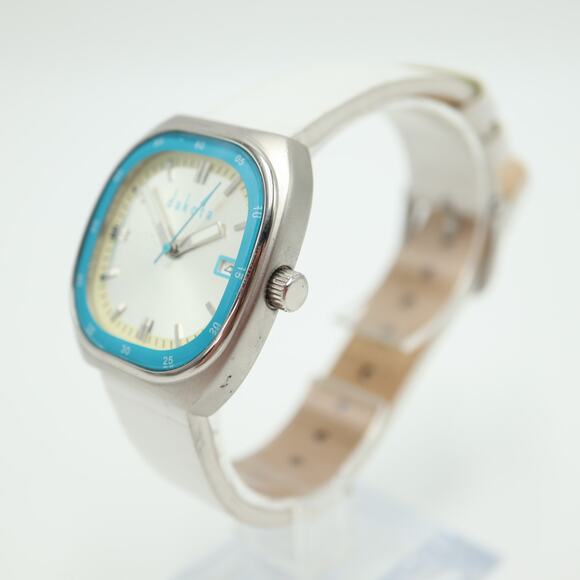 Dakota Unisex Silver Blue 35mm TV Date Dial Watch White Leather w New Battery main image 11